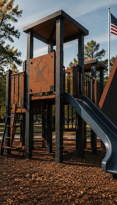 Multi-deck playground tower with slide, fabricated for GameTime.